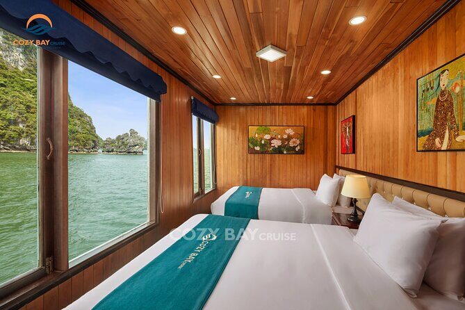CozyBay Cruise-The Best Small Group 2D/1N inHalong-All inclusive - The On-Board Reality: A/C Private Cabins, Meals, and Evening Entertainment