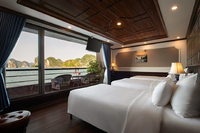 Doris Cruise 5 star cruise 2 days visiting Halong Bay Lan Ha Bay private balcony - Day 2 sunrise tai chi, breakfast choices, and the Dark & Bright cave